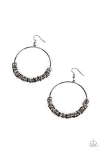 Load image into Gallery viewer, An abundance of miniature gunmetal and silver rings slide around a simple gunmetal front-facing hoop, resulting in a polished industrial vibe. Earring attaches to a standard fishhook fitting.
