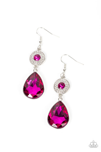Dotted with a solitaire Fuchsia Fedora rhinestone, a white rhinestone encrusted silver disc gives way to an oversized teardrop Fuchsia Fedora gem, resulting in a glamorous lure. Earring attaches to a standard fishhook fitting.