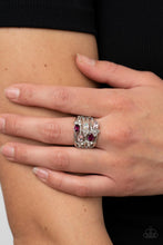 Load image into Gallery viewer, Infused with clusters of dainty white rhinestones, a glitzy collection of Pale Rosette, Fuchsia Fedora, and iridescent rhinestones are sprinkled across layers of silver bands, creating an ethereal sparkle across the finger. Features a dainty stretchy band for a flexible fit.
