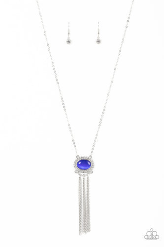Attached to silver prongs, glassy white rhinestones radiate out from a Mykonos Blue cat's eye stone at the bottom of a dainty silver chain. A curtain of shimmery silver chains streams out from the bottom of the ethereal pendant, adding playful movement to the colorful display. Features an adjustable clasp closure. 