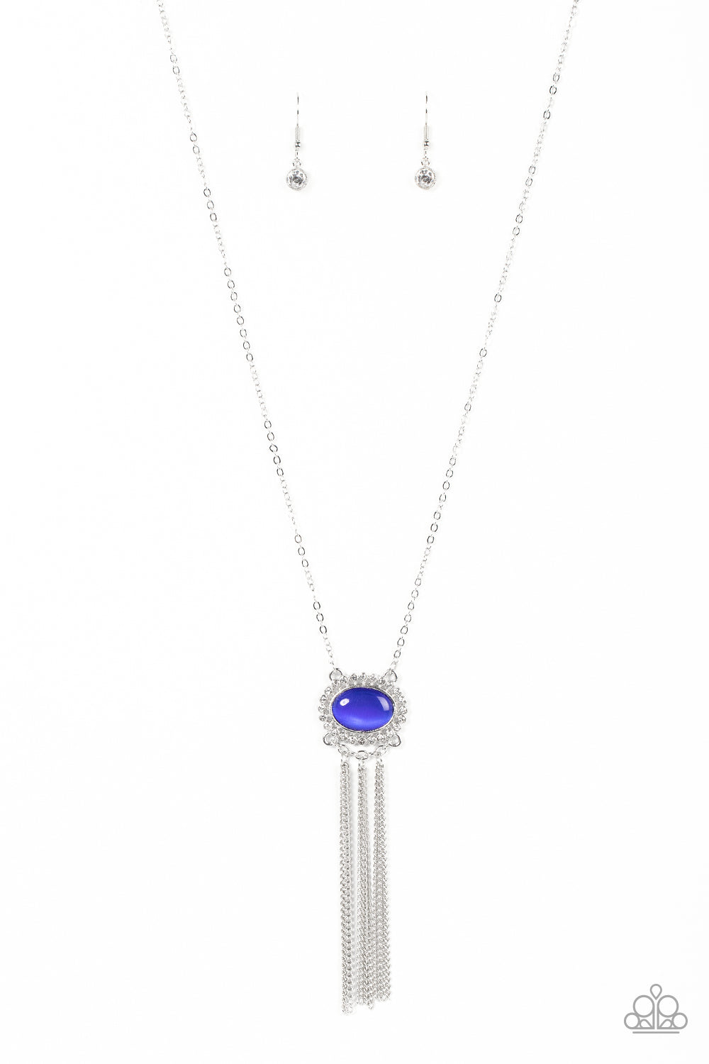 Attached to silver prongs, glassy white rhinestones radiate out from a Mykonos Blue cat's eye stone at the bottom of a dainty silver chain. A curtain of shimmery silver chains streams out from the bottom of the ethereal pendant, adding playful movement to the colorful display. Features an adjustable clasp closure. 