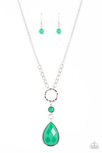 Encased in a sleek silver fitting, an oversized faceted Leprechaun teardrop bead swings from the bottom of a round Leprechaun bead and hammered silver hoop, culminating into a bold pop of color below the collar. Features an adjustable clasp closure.