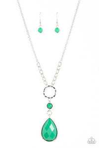 Encased in a sleek silver fitting, an oversized faceted Leprechaun teardrop bead swings from the bottom of a round Leprechaun bead and hammered silver hoop, culminating into a bold pop of color below the collar. Features an adjustable clasp closure.
