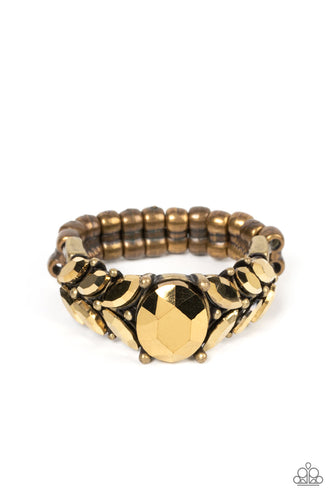Pairs of marquise cut aurum rhinestones fan out from an oversized aurum rhinestone, creating glitzy leafy accents across the front of a dainty and studded brass band. Features a dainty stretchy band for a flexible fit.</P>  <br>Featured inside The Preview at GLOW! 