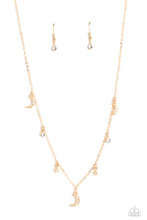 Load image into Gallery viewer, Dotted with dainty white rhinestones, a cosmic collection of gold moon and star charms swings from a dainty gold chain below the collar. Solitaire white rhinestones sparkle in between the charms, adding additional sparkle to the piece. Features an adjustable clasp closure Featured inside The Preview at GLOW! 
