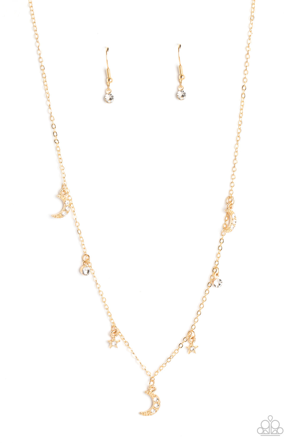 Dotted with dainty white rhinestones, a cosmic collection of gold moon and star charms swings from a dainty gold chain below the collar. Solitaire white rhinestones sparkle in between the charms, adding additional sparkle to the piece. Features an adjustable clasp closure Featured inside The Preview at GLOW! 