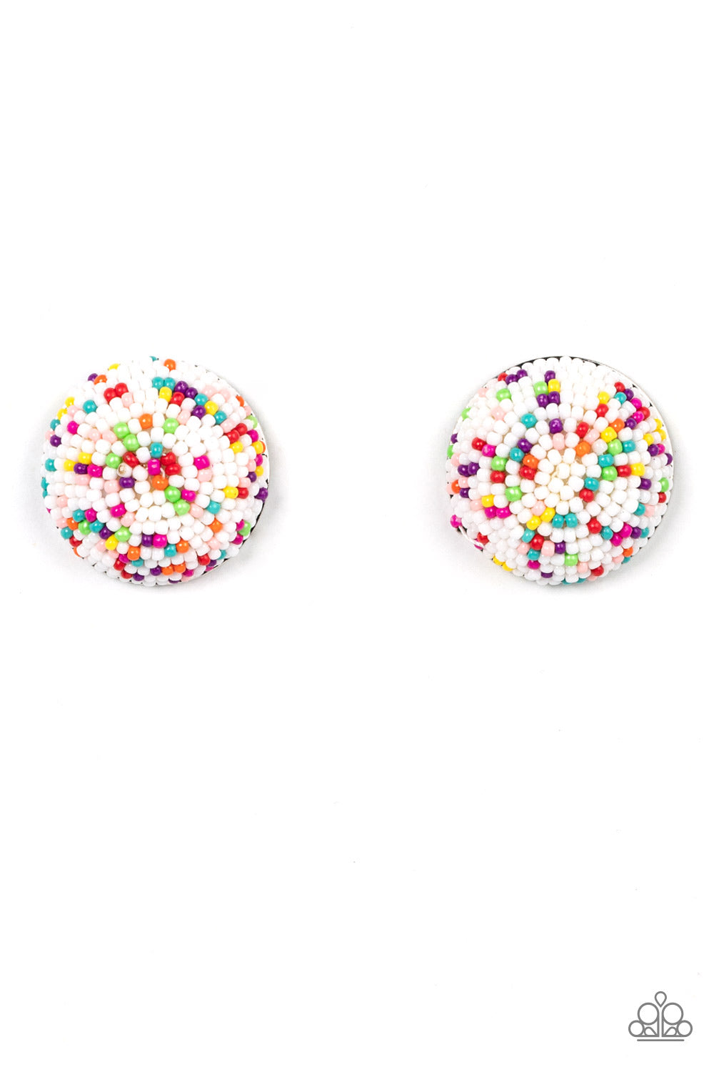 A bubbly assortment of dainty multicolored beads spins around the front of an oversized and beveled silver frame, resulting in a boisterous pop of kaleidoscopic color. Earring attaches to a standard post fitting.