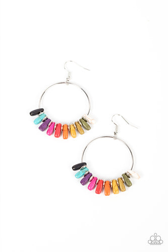 A rainbow of multicolored stones are separated by dainty silver discs along a silver hoop, resulting in a colorful and earthy fringe. Earring attaches to a standard fishhook fitting. 