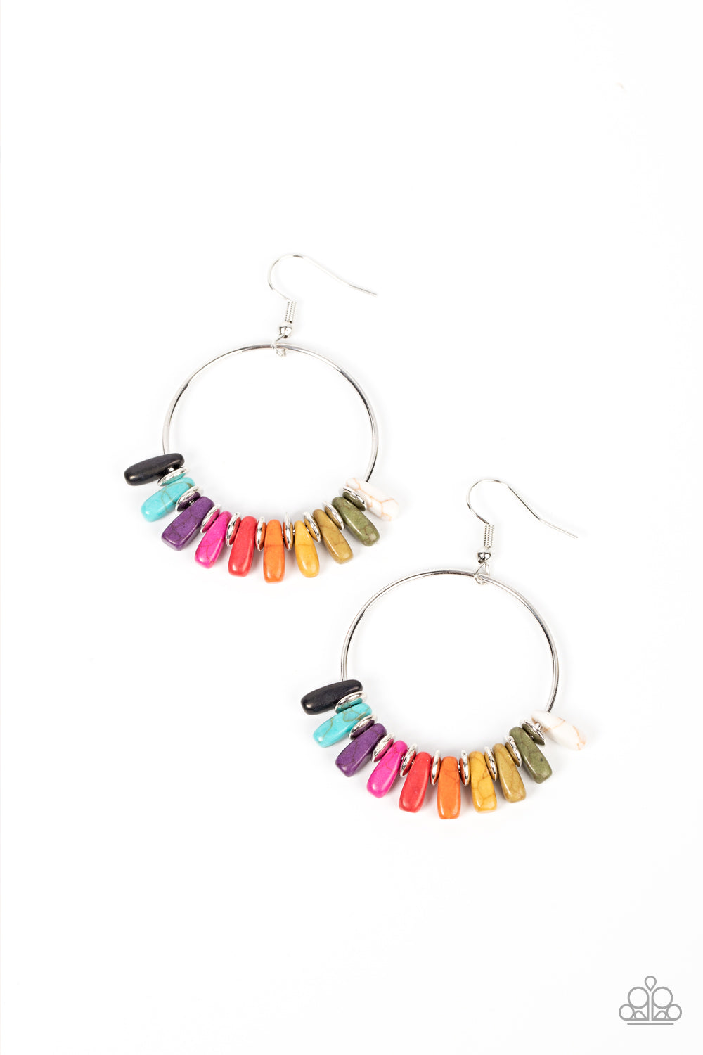 A rainbow of multicolored stones are separated by dainty silver discs along a silver hoop, resulting in a colorful and earthy fringe. Earring attaches to a standard fishhook fitting. 