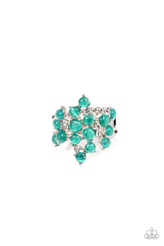 Featuring pronged silver fittings, a dreamy collection of dainty white rhinestones and bubbly green cat's eye stones scatters across the finger for an enchanting fashion. Features a stretchy band for a flexible fit.