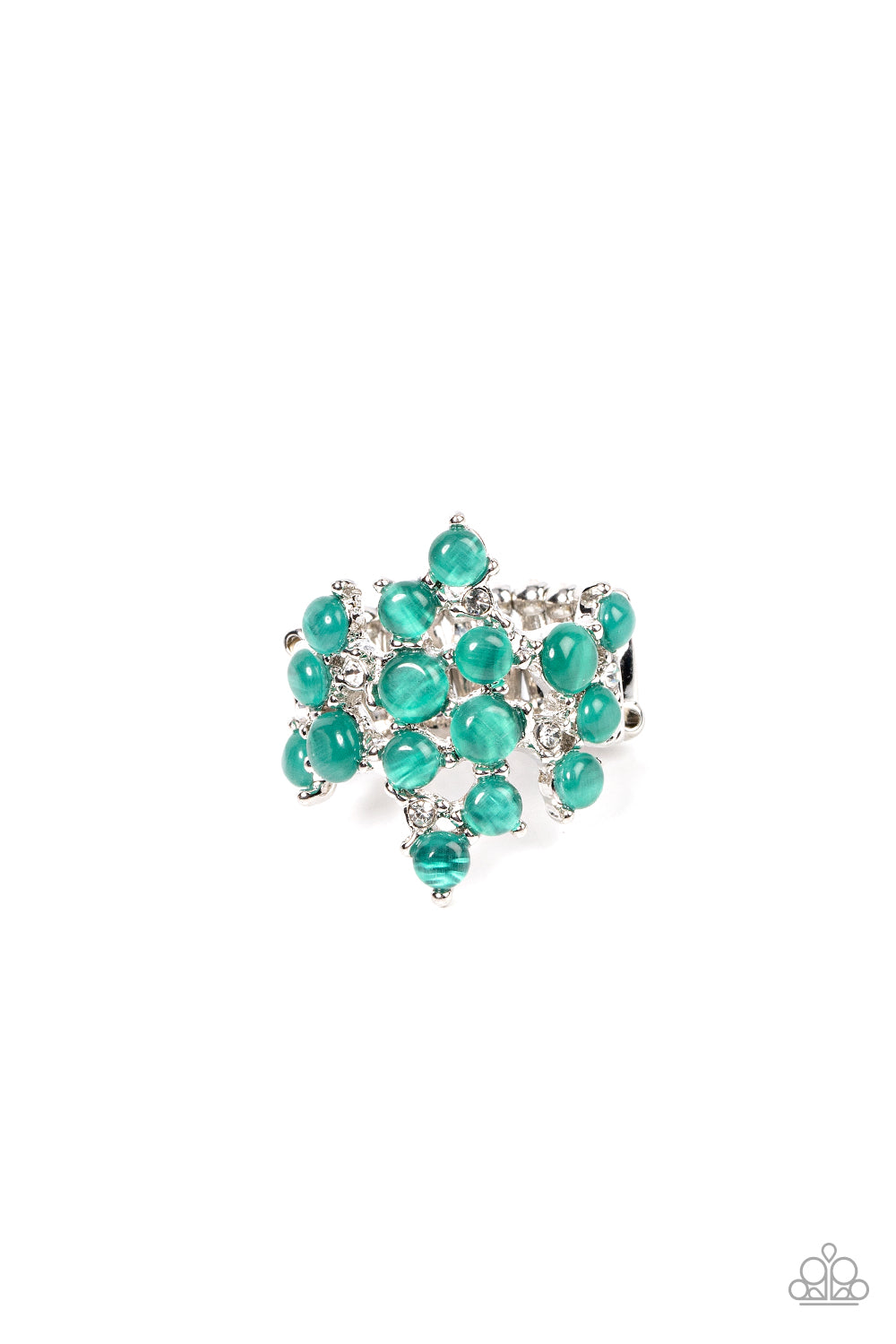 Featuring pronged silver fittings, a dreamy collection of dainty white rhinestones and bubbly green cat's eye stones scatters across the finger for an enchanting fashion. Features a stretchy band for a flexible fit.
