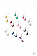 Load image into Gallery viewer, The fluttering butterfly frames feature glittery finishes that vary in shades of gold, green, purple, silver, red, pink, black, white, and blue. Earrings attach to standard fishhook fittings.
