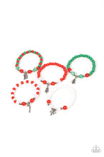 Load image into Gallery viewer, Featuring red, green, white, and silver beaded patterns, the wintry stretchy bracelets feature silver charms including, a candy cane, stocking, ribbon, and Christmas tree.
