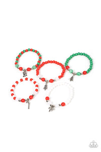 Featuring red, green, white, and silver beaded patterns, the wintry stretchy bracelets feature silver charms including, a candy cane, stocking, ribbon, and Christmas tree.