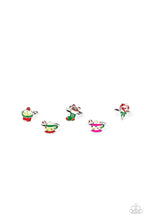 Load image into Gallery viewer, Featuring colorful accents, wintery inspired confections include a cupcake, a lollipop, a candy cane stuffed stocking, and cups of hot cocoa.
