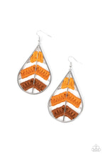 Load image into Gallery viewer, An ombré of orange and brown threads decoratively weave along arched silver bars inside of a shiny silver teardrop, resulting in an earthy lure. Earring attaches to a standard fishhook fitting. 
