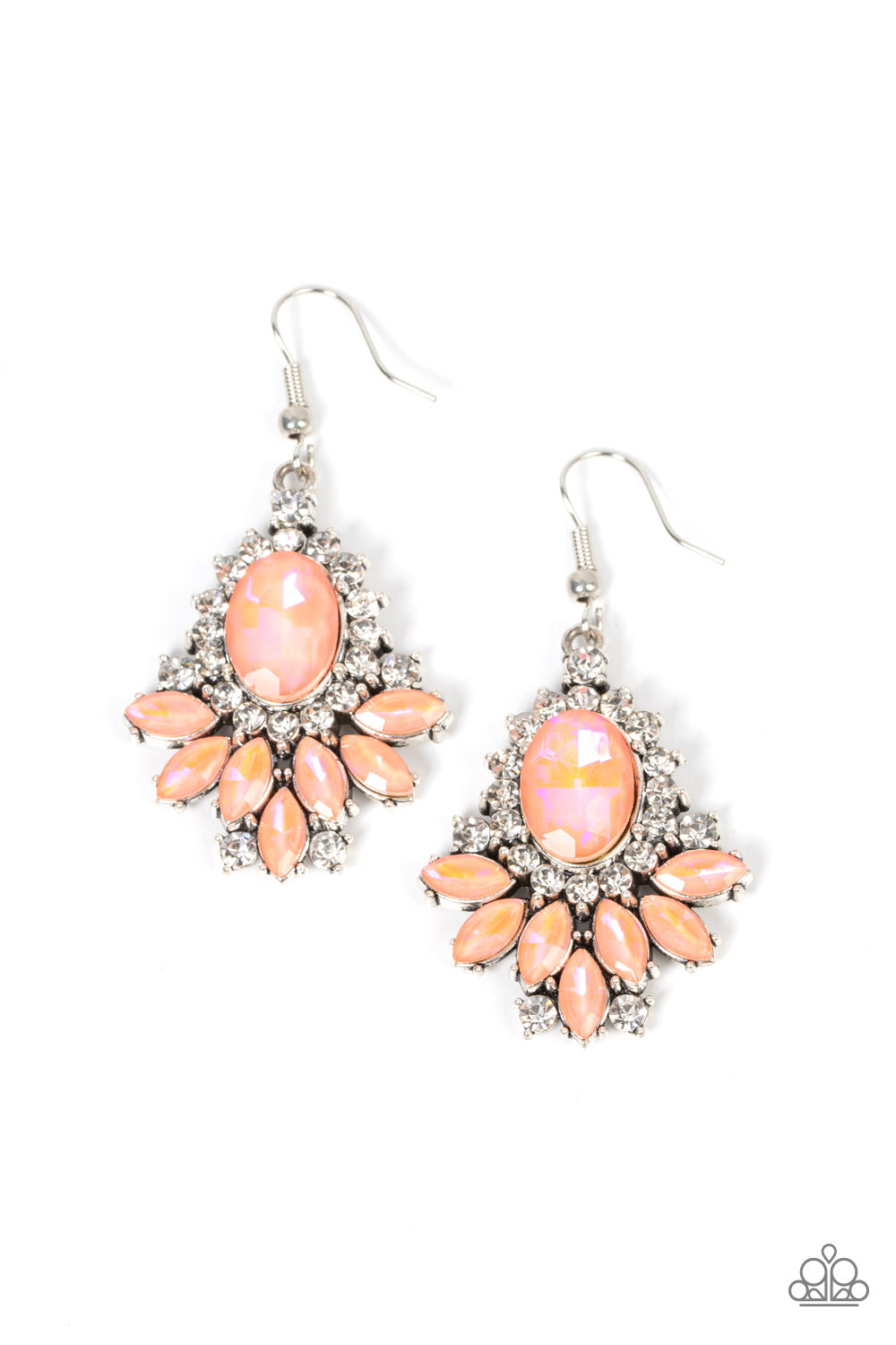 Featuring a stellar opalescent finish, staggered layers of marquise cut coral rhinestones fan out from an oversized coral gem that is bordered in a ring of glittery white rhinestones for an enchanting finish. Earring attaches to a standard fishhook fitting.