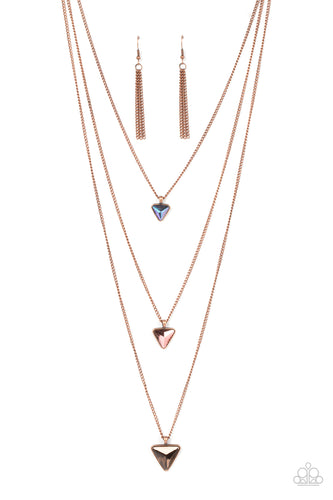 Glassy oil spill, coppery aurum, and coppery triangular gems gradually increase in size as they swing from the bottoms of extended copper chains, layering into an edgy shimmer across the chest. Features an adjustable clasp closure. 