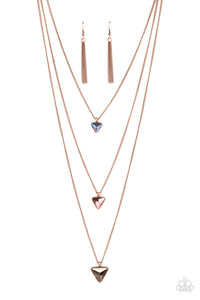 Glassy oil spill, coppery aurum, and coppery triangular gems gradually increase in size as they swing from the bottoms of extended copper chains, layering into an edgy shimmer across the chest. Features an adjustable clasp closure. 
