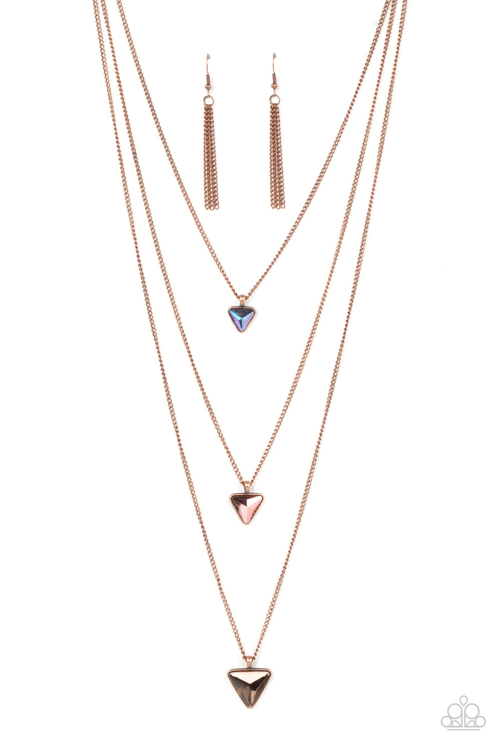 Glassy oil spill, coppery aurum, and coppery triangular gems gradually increase in size as they swing from the bottoms of extended copper chains, layering into an edgy shimmer across the chest. Features an adjustable clasp closure. 