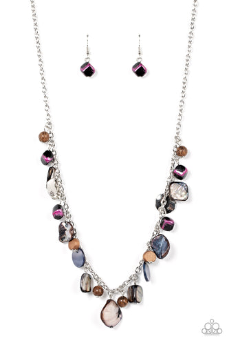 A mismatched collection of warped silver discs, brown wooden beads, and iridescent shell-like rock accents dances from the bottom of a classic silver chain, creating a tropical sensation across the chest. Features an adjustable clasp closure.
