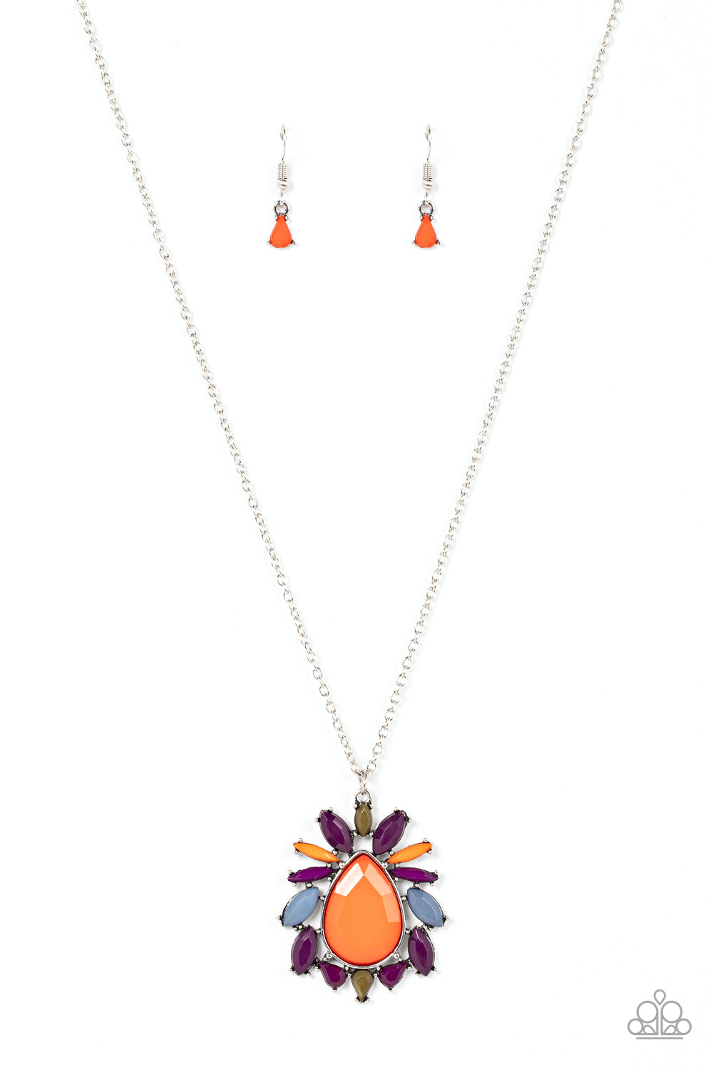 Mismatched teardrop and marquise plum, orange, Spring Lake, and Olive Branch beads flair out from a dramatically oversized burnt orange teardrop center, resulting in a vivacious pendant at the bottom of a silver chain. Features an adjustable clasp closure.