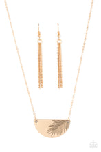 Load image into Gallery viewer, Suspended between the center of a dainty gold chain, a glistening gold half moon plate is stamped in an antiqued palm leaf for a seasonal flair. Features an adjustable clasp closure.
