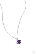 Load image into Gallery viewer, Painted in a plum finish, hammered silver petals delicately curl around a studded silver center at the bottom of a dainty silver chain for a rustically romantic finish. Features an adjustable clasp closure. 
