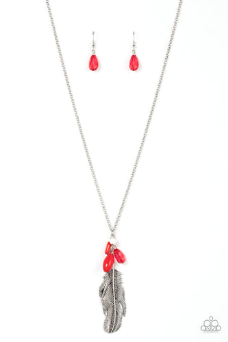 Infused with glassy and acrylic red and white beads, an oversized silver feather swings from the bottom of an extended silver chain for a fearlessly free-spirited fashion. Features an adjustable clasp closure. 