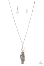 Load image into Gallery viewer, Infused with glassy and acrylic white beads, an oversized silver feather swings from the bottom of an extended silver chain for a fearlessly free-spirited fashion. Features an adjustable clasp closure. 
