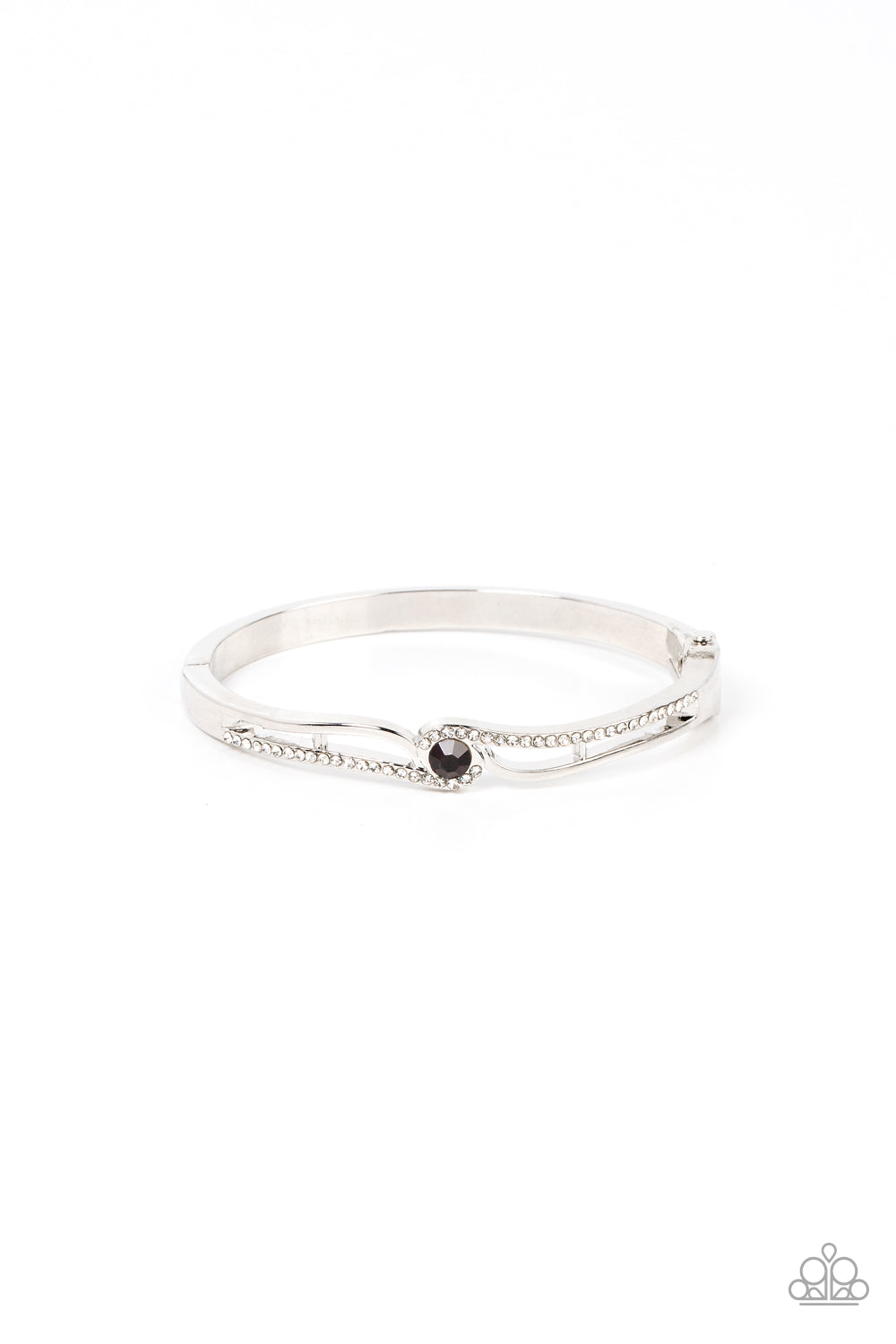 Ribbons of shiny silver and white rhinestone encrusted silver bars wrap around a glittery purple rhinestone center, resulting in a timeless shimmer atop a versatile bangle-like bracelet. Features a hinge closure.