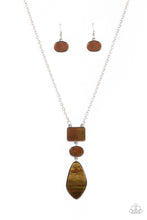 Load image into Gallery viewer, Featuring an iridescent shimmer, rectangular, oval, and asymmetrical multicolored brown shell-like accents link from the bottom of an extended silver chain for a beach inspired fashion. Features an adjustable clasp closure. 
