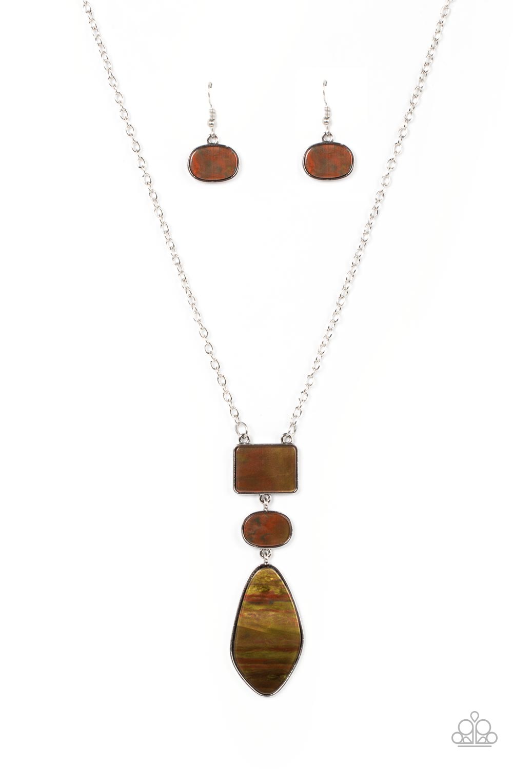 Featuring an iridescent shimmer, rectangular, oval, and asymmetrical multicolored brown shell-like accents link from the bottom of an extended silver chain for a beach inspired fashion. Features an adjustable clasp closure. 