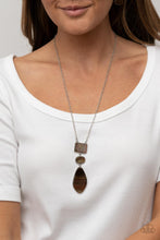 Load image into Gallery viewer, Featuring an iridescent shimmer, rectangular, oval, and asymmetrical multicolored brown shell-like accents link from the bottom of an extended silver chain for a beach inspired fashion. Features an adjustable clasp closure. 
