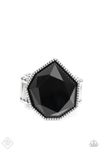 Load image into Gallery viewer, A sleek black bead featuring sharp geometric angles and a defaced surface is pressed into a studded silver frame. The faceted edges catch and reflect the light for an edgy centerpiece atop the finger. Features a stretchy band for a flexible fit.  Sold as one individual ring.  New Kit Fashion Fix
