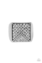 Load image into Gallery viewer, Encrusted in glassy white rhinestones, silver triangular frames build into a pyramidal centerpiece atop a thick silver band for a dauntless look. Features a stretchy band for a flexible fit. 
