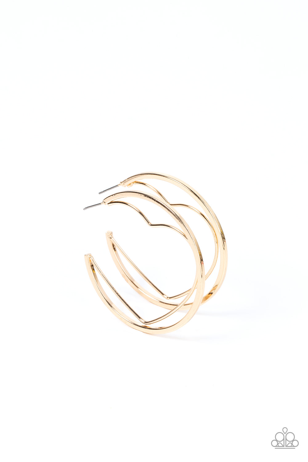 A gold wire heart is encircled in an oversized gold hoop, resulting in a heart-stopping shimmer. Earring attaches to a standard post fitting. Hoop measures approximately 2