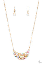 Load image into Gallery viewer, An effervescent collection of opal and iridescent rhinestones delicately join into a bubbly half moon pendant at the bottom of a dainty gold chain, resulting in a sparkly statement piece below the collar. Features an adjustable clasp closure. 
