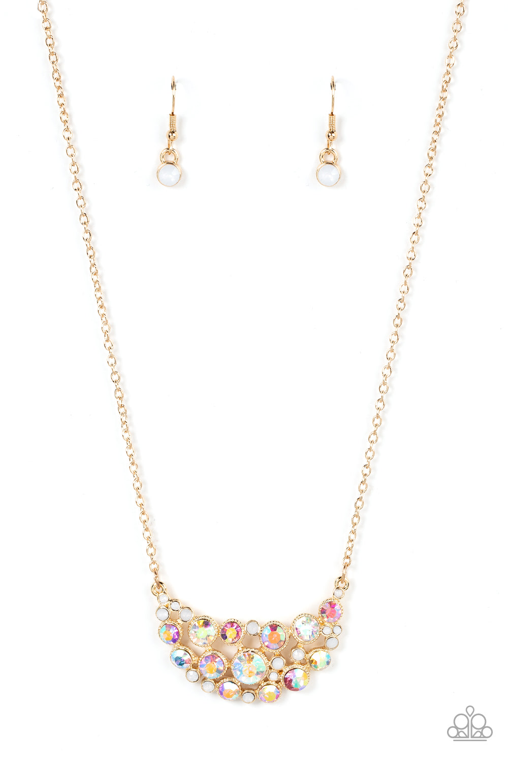 An effervescent collection of opal and iridescent rhinestones delicately join into a bubbly half moon pendant at the bottom of a dainty gold chain, resulting in a sparkly statement piece below the collar. Features an adjustable clasp closure. 