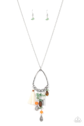Infused with a multicolored collection of natural stone beads and pebbles, stacks of textured silver charms and mismatched wooden beads create earthy tassels at the bottom of a silver beaded teardrop frame. Enhanced with a shiny white threaded tassel, the whimsical fringe swings from the bottom of an extended silver chain for a seasonal finish. Features an adjustable clasp closure.