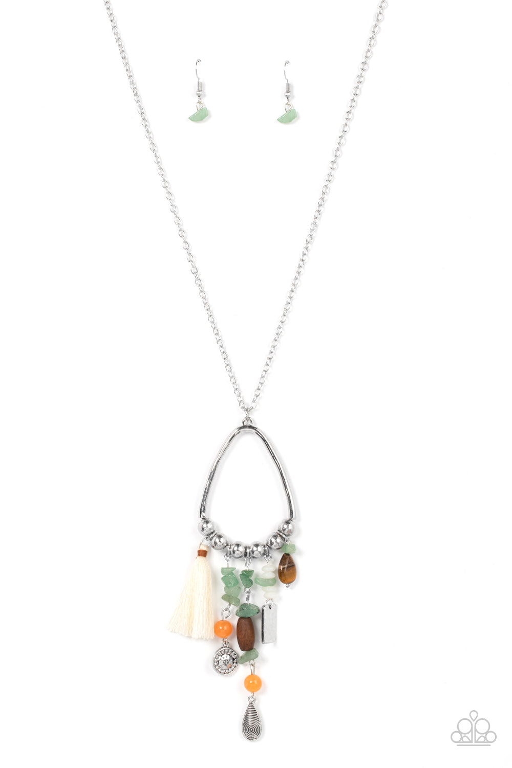 Infused with a multicolored collection of natural stone beads and pebbles, stacks of textured silver charms and mismatched wooden beads create earthy tassels at the bottom of a silver beaded teardrop frame. Enhanced with a shiny white threaded tassel, the whimsical fringe swings from the bottom of an extended silver chain for a seasonal finish. Features an adjustable clasp closure.
