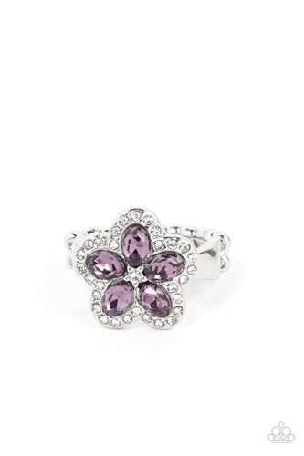 Bordered in glassy white rhinestones, oval purple rhinestones bloom into an enchanting floral centerpiece atop the finger. Features a dainty stretchy band for a flexible fit. 