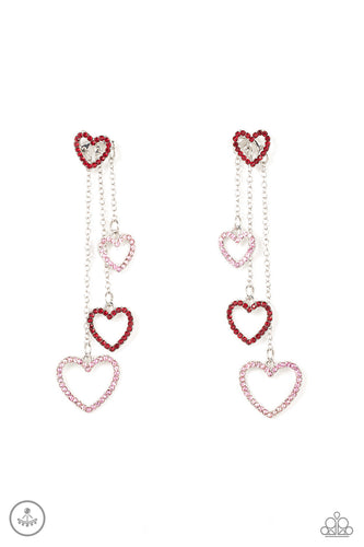 Encrusted in dainty red rhinestones, a glittery silver heart fitting attaches to a double-sided post designed to fasten behind the ear. Attached to dainty silver chains of varying lengths, a glittery collection of pink and red rhinestone dotted heart frames cascades out from behind the ear for a heart-stopping sparkle. Earring attaches to a standard post fitting.