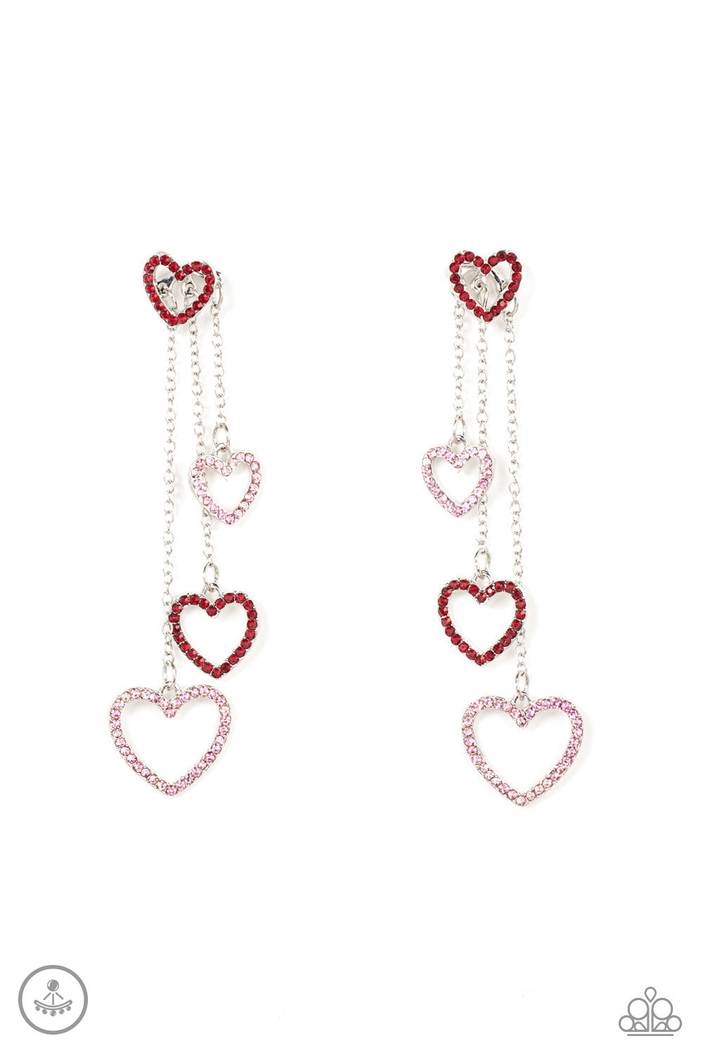 Encrusted in dainty red rhinestones, a glittery silver heart fitting attaches to a double-sided post designed to fasten behind the ear. Attached to dainty silver chains of varying lengths, a glittery collection of pink and red rhinestone dotted heart frames cascades out from behind the ear for a heart-stopping sparkle. Earring attaches to a standard post fitting.