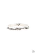 Load image into Gallery viewer, Encrusted in stacked sections of antiqued silver studs and smoky hematite rhinestones, two silver bars delicately overlap at the center of the wrist, resulting in an edgy cuff-like bangle. Features a hinged closure.
