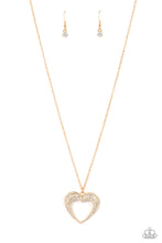 Load image into Gallery viewer, A flared gold heart is encrusted in glassy white rhinestones, resulting in a romantic shimmer at the bottom of an extended shiny copper chain. Features an adjustable clasp closure.
