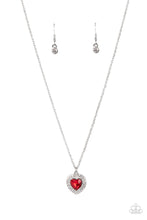 Load image into Gallery viewer, Bordered in stacked rows of glassy white rhinestones, a fiery red heart shaped gem sparkles at the center of a dainty silver chain for a flirtatious fashion. Features an adjustable clasp closure. 
