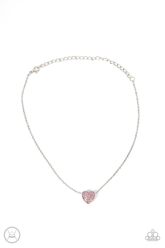 Encrusted in glassy pink rhinestones, a dainty heart frame sparkles along a dainty silver chain around the neck for a flirty finesse. Features an adjustable clasp closure.