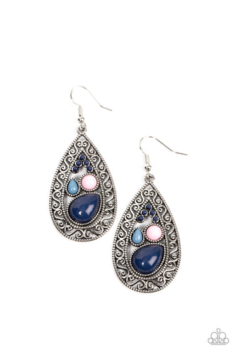 A mismatched collection of smooth Spring Lake, Pale Rosette, and Rhodonite beads gathers inside a daintily dotted teardrop frame. An artful border of airy serpentine filigree encompasses the collection, making for a timeless design with a vintage vibe. Earring attaches to a standard fishhook fitting