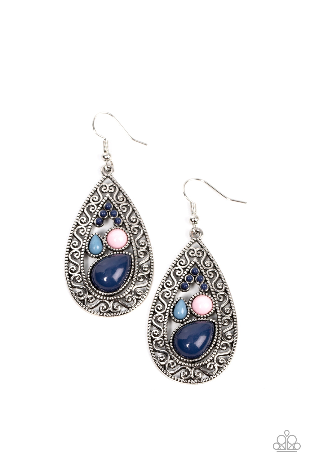A mismatched collection of smooth Spring Lake, Pale Rosette, and Rhodonite beads gathers inside a daintily dotted teardrop frame. An artful border of airy serpentine filigree encompasses the collection, making for a timeless design with a vintage vibe. Earring attaches to a standard fishhook fitting